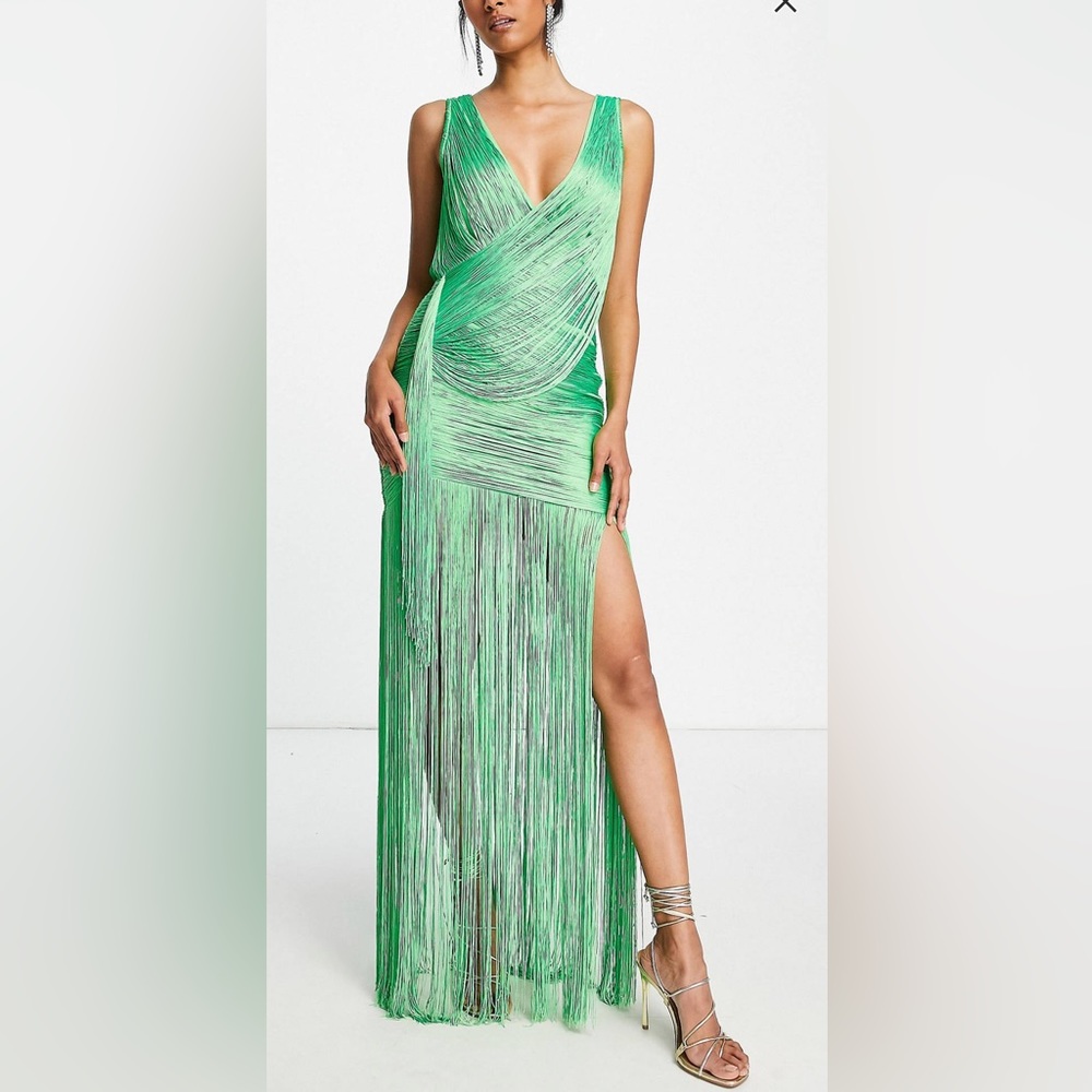 ASOS DESIGN drape fringe maxi dress with wrap detail in green